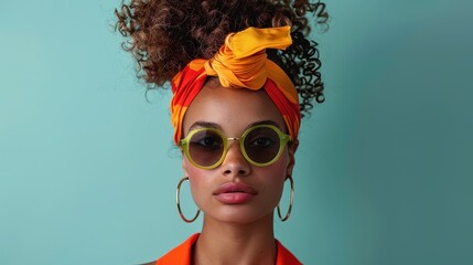 Naklejka premium Portrait of a woman with a curly hair, orange headscarf, and green sunglasses, posing confidently against a blue background, showcasing a unique and colorful fashion style.