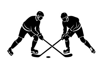 Two hockey players facing off, sticks on the ice vector silhouette 