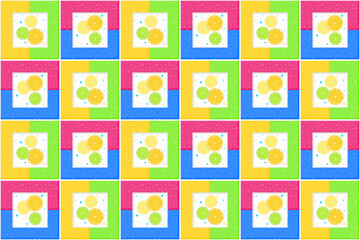 Fototapeta premium Colorful square tiles with citruses, orange, lemon and lime slices. Ceramic tile background. Endless texture with bright, juicy citrus fruit decor. Vector seamless pattern for surface texture or print