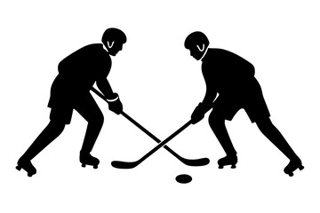 Two hockey players facing off, sticks on the ice vector silhouette 