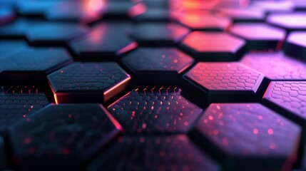 Luxury hexagonal pattern abstract black background with colorful gradient light lines. Dark 3d geometric texture illustration.