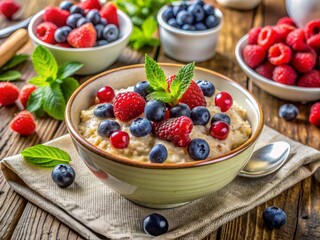 A warm and inviting breakfast setting featuring a bowl of oatmeal porridge topped with fresh mixed berries, surrounded by kids' utensils and a sprig of greenery.