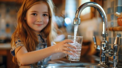 Young girl fills a glass of water from the tap.