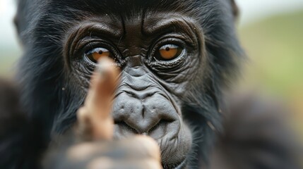 A striking image of a chimpanzee front-facing and giving a thumbs up, showcasing its focus and expressive eyes, connecting deeply with human emotions and communication.