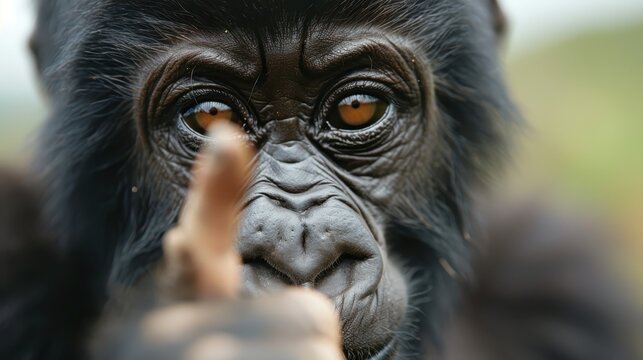 A striking image of a chimpanzee front-facing and giving a thumbs up, showcasing its focus and expressive eyes, connecting deeply with human emotions and communication.