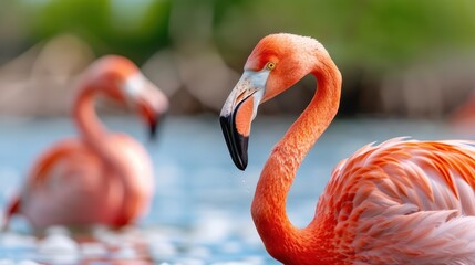 Obraz premium A striking close-up of a flamingo with its rich pink feathers contrasted against a peaceful water backdrop, emphasizing the bird's detailed features including its curved beak.