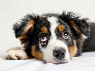 Australian Shepherd puppy lying down, looking curious. Free copy space for banner.