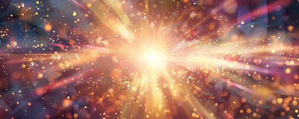 Fototapeta premium A powerful energetic background with radiant beams of light and glowing particles exploding from a central point, creating a sense of power.