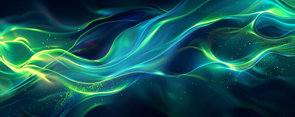Obraz premium A dynamic energetic background with neon waves and flowing currents of light in bright greens and blues, set against a dark backdrop.