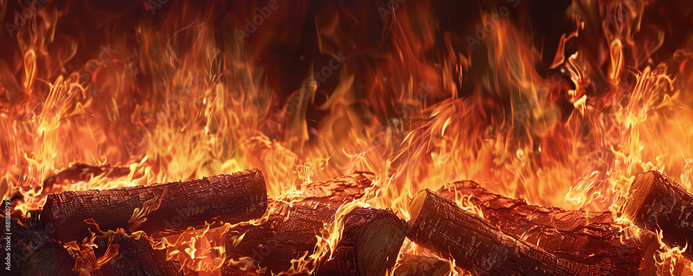 Wall mural a fire background with flames consuming a pile of logs, creating a dynamic and intense visual effect