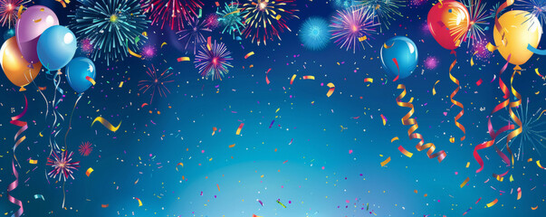 A festive celebration background with colorful fireworks, streamers, and balloons against a starry night sky, leaving ample space for text.
