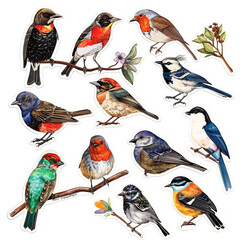 Fototapeta premium image showing 10 species of birds on a white background in a detailed illustration style, arranged like stickers