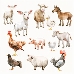 Naklejka premium Watercolor playful farm animals with a cow, pig, chicken, sheep, horse, goat, duck, turkey, rabbit, and dog on a white background