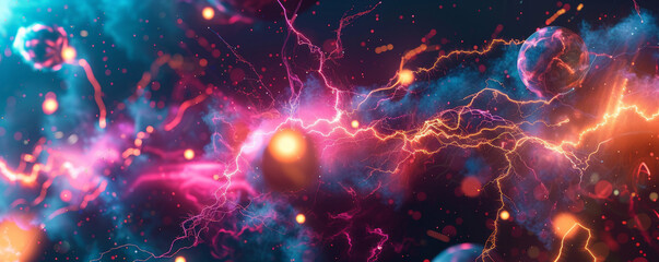 A vibrant energy background with dynamic lightning bolts and glowing orbs radiating against a dark backdrop, creating a sense of power and movement.
