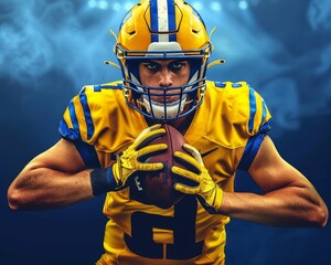 American Football Player Ready For Game, Close-Up with Intense Look and Yellow Uniform