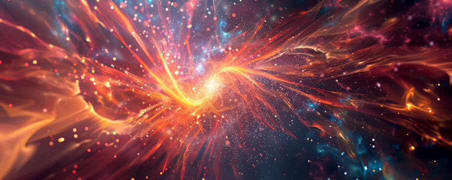 A vibrant energetic background with bright, glowing lines and sparks emanating from a central point, surrounded by a dark, starry backdrop.