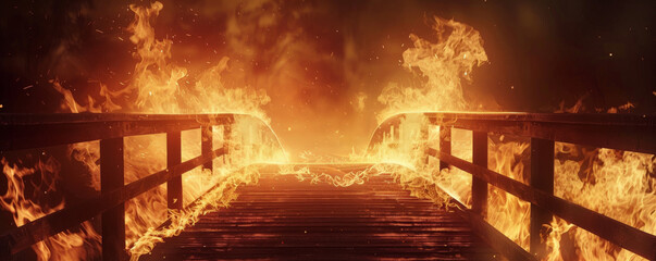 A fire background featuring flames engulfing a wooden bridge, creating a dramatic and intense visual effect.