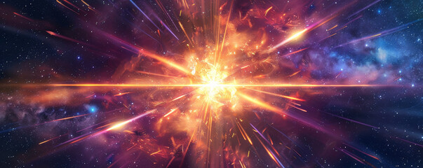 A vibrant energy background with bright, glowing lines and sparks emanating from a central point, surrounded by a dark, starry backdrop.