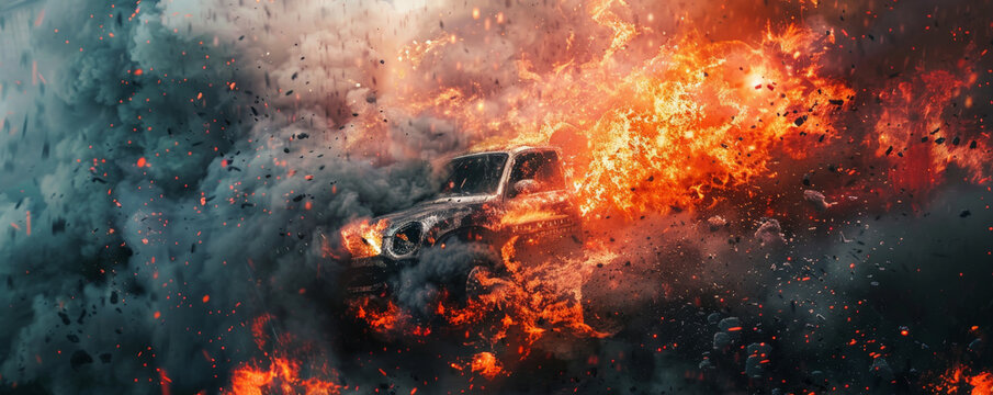 A background of fire consuming a vehicle, with intense flames and billowing smoke creating a chaotic and powerful scene.
