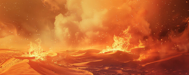 A background of fire in a desert landscape, with flames rising from the sand and creating a sense of intense heat and desolation.