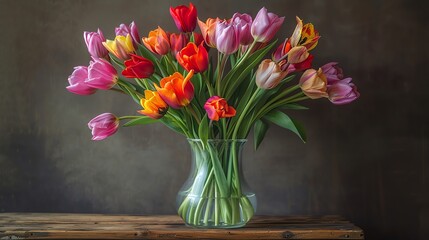 Colorful tulips in a glass vase on a wooden table.