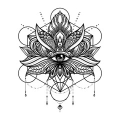 Lotus flower tattoo design over Seed of Life sacred geometry symbol. Ancient geometric spiritual symbol. Overlapping circles floral pattern, Flower of Life. Black and white vector illustration.