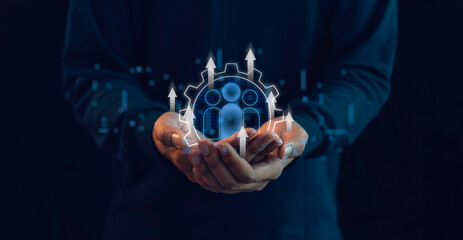 Businessman holding structure customer network for manage team leader. Data person management in the organization, joining gears, Successful business team winner.