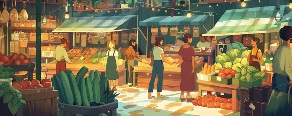 A safe planet backdrop with a bustling eco-friendly marketplace, showcasing local produce, handmade goods, and a sense of community.