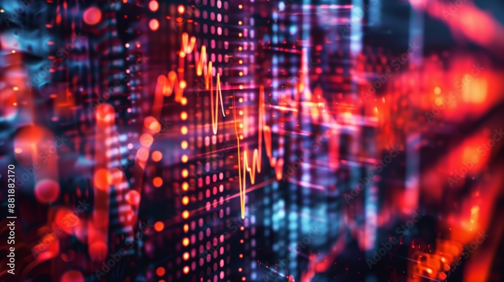 Poster abstract representation of financial data with fluctuating graphs and digital dots in red hues.