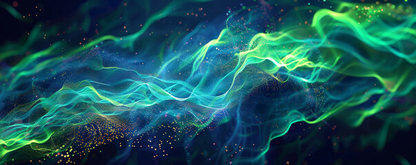 A vibrant energy background with neon waves and flowing currents of light in bright greens and blues, set against a dark backdrop.