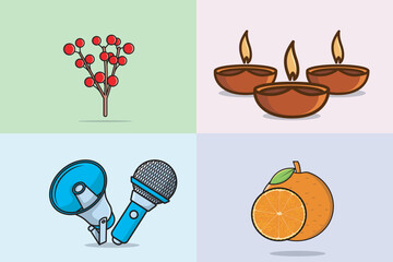 Collection of Tree, Diwali Props, Megaphone, and orange vector designs.