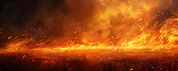 A fire background with flames spreading across a field of dry grass, creating a sense of intense heat and danger.