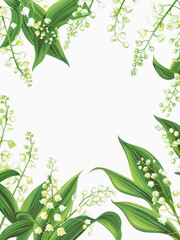 Fototapeta premium Lilies of the valley as frame on white background. Floral greeting design, beautiful flowers on white background with copy space.