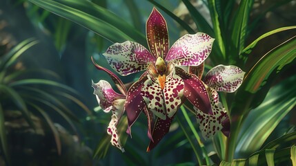 Close-up of a vibrant orchid flower with a spotted pattern, with a blurred green background.