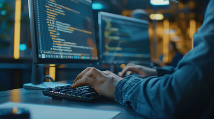 A programmer works intensively at a dual-monitor setup, surrounded by a tech-savvy environment, illuminated by soft, warm light.