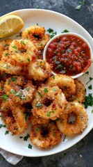 Crispy Fried Calamari Rings with Marinara Sauce and Lemon Wedges