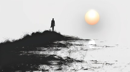 stick figure walking into distance with sun at the end, concept of getting lost - wallpaper background for presentations with copy space