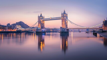 Obraz premium A beautiful shot of the Tower Bridge in London, England, illuminated at dusk, reflecting on the Thames River, with ample copy space, no text,