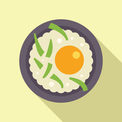 Asian cuisine dish with fried egg and green onion topping a bowl of white rice