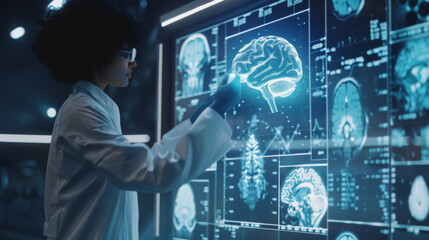 A scientist analyzing a high-tech digital display of a brain, surrounded by futuristic holographic visuals, representing innovation in neuroscience.