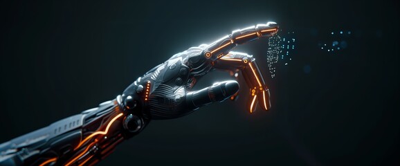 Futuristic Robotic Hand with Glowing Particles in a High-Tech Innovation Setting