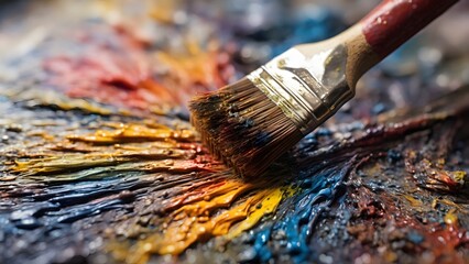 Fototapeta premium Macro Shot of Paintbrush on Palette with Paints