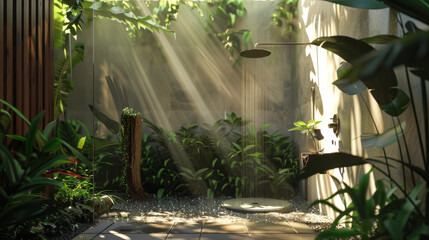 A serene outdoor shower bathed in sunlight surrounded by lush foliage, evoking a tropical sanctuary feel.