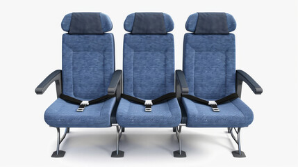 Three blue airplane seats with headrests and seat belts, viewed from the front, offering a glimpse into the comfortable and orderly arrangement of aircraft seating.
