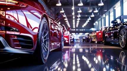 Sleek, polished cars park in a modern showroom, their reflections glistening on the shiny floor, showcasing a luxury automotive collection.