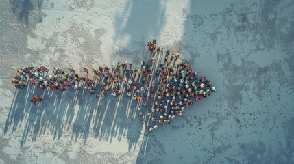 An aerial shot of a crowd of people arranged in the shape of an arrow pointing upward, symbolizing direction, unity, and collective movement.