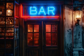  Neon sign reading "Bar" in bright blue and red colors, hanging above a rustic wooden door, with vintage decor and dim ambient lighting.
