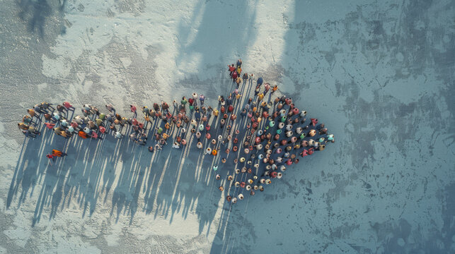 An aerial shot of a crowd of people arranged in the shape of an arrow pointing upward, symbolizing direction, unity, and collective movement.