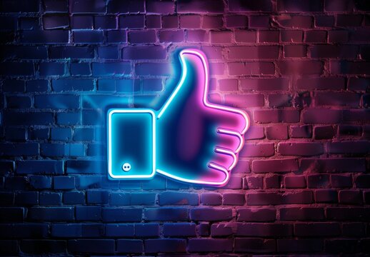 Neon sign with thumbs up icon on dark brick wall background, glowing blue and pink light effect. Social media like concept.