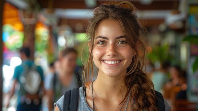 Backpackers, smiling and relaxed, embrace the adventurous lifestyle of a bustling youth hostel